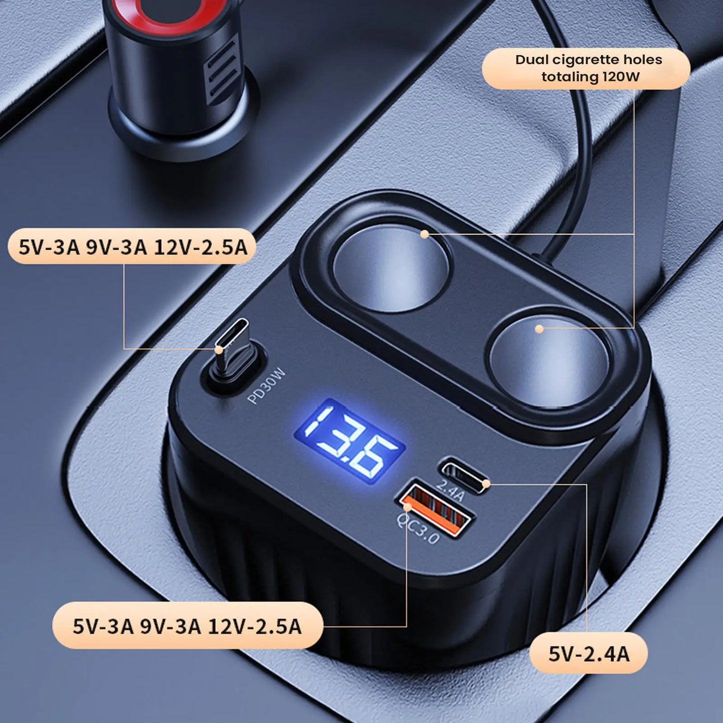 Car Chargers 60W Retractable Cable Anti-Slip Extension 2 Port Charger For Car For Battery Men Women Cell Phone Auto Truck