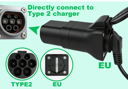 Portable EV Charging Adapter 220V Type 2 Male Plug to Schuko Socket Converter for IEC 62196-2 Charging Stations Electric Scooter