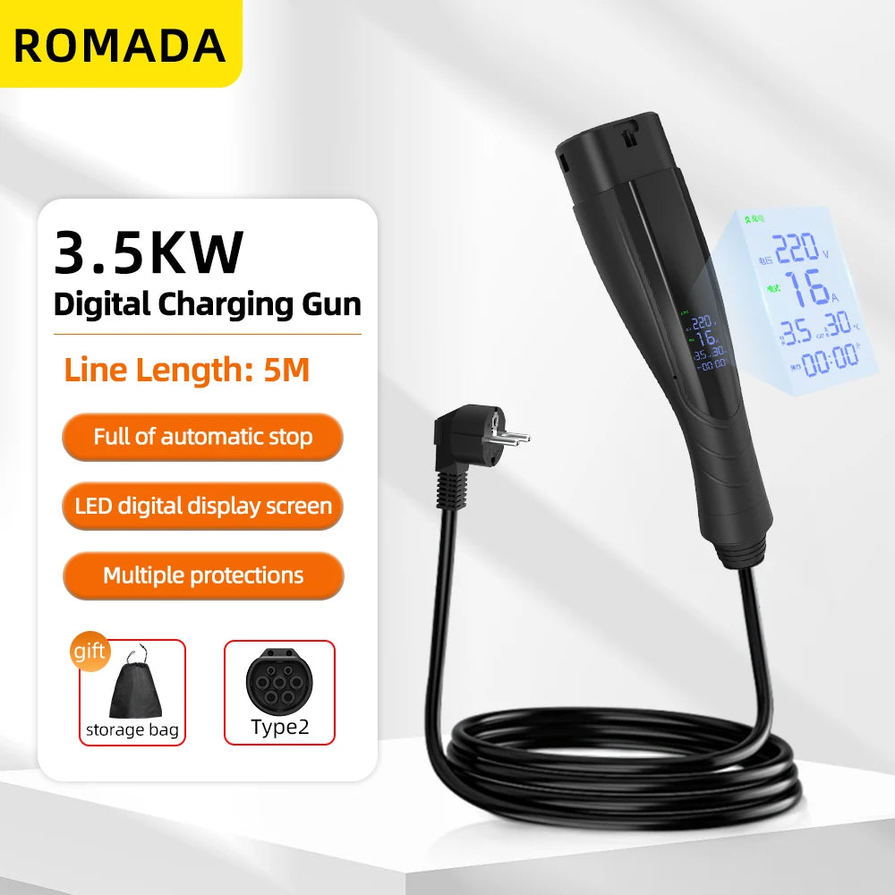 Portable EV Charger Type 2 with EU plug 16A 3.5KW Electric Vehicle Charging Station Wallbox 5M-20M Cable With Digital Display