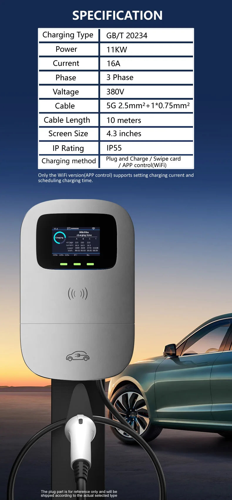JIGU 11KW Electric Vehicle Charger GBT Car Charging Station Wallbox 380V EV Charger 16A GB/T Charging Cable 10 meters