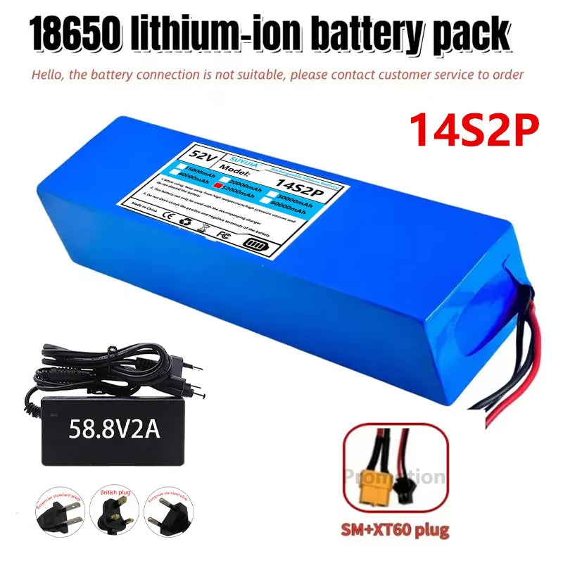 Batterie Li-ion 52V 5200mAH Avec BMS, 14S2P, Batterie 1500W Intégrée Pour Vélos, Scooters, Motos + Chargeur 58,8V2A