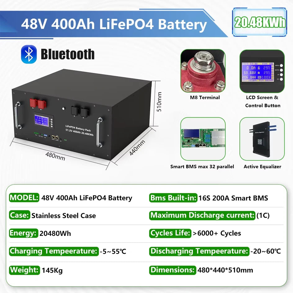 LiFePO4 48V 400Ah 20Kwh Battery 6500 Cycles 51.2V 100Ah 120Ah 150Ah 200Ah 300Ah 600Ah Lithium Solar Energy Storage AKKU EU STOCK
