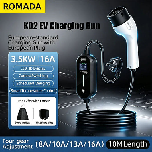 ROMADA 3.5KW 16A Type2 EV Portable Charger Gun 5M 10M Cable EVSE Wallbox Adapter EU Plug Electric Vehicle Home Charging Station