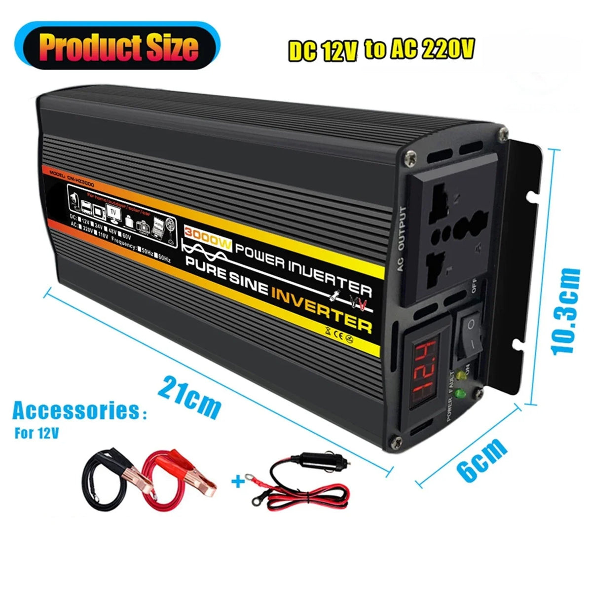 3000W-8000W Pure Sine Wave Power Inverter Voltage Transformer Intelligent Digital Display Car Home DC12V to AC 220V Converter