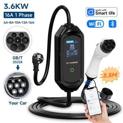 AFYEEV 3600W Portable Type2 IEC62196-2 EV Charger Type1 SAE J1772 Electric Car Charger GBT EVSE Charging Cable Wallbox EU Plug