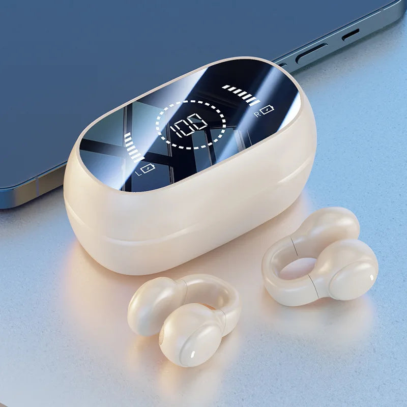 New Mirror Surface Digital Display Soft Silicone Ear Clip Wireless Bluetooth Earphones with Noise Reduction, High-Definition, and Lossless for Sports