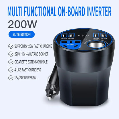 Multi-Functional Power Inverter for Automobiles 12V/24V to 220V Converter 200W Fast-Charging On-Board Power Converter