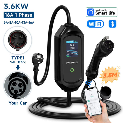 AFYEEV 3600W Portable Type2 IEC62196-2 EV Charger Type1 SAE J1772 Electric Car Charger GBT EVSE Charging Cable Wallbox EU Plug