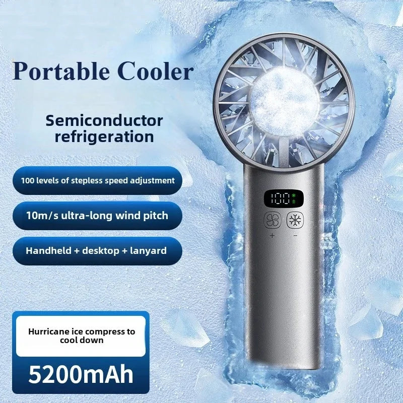 5200mAh Portable Handheld Fan with Double Ice Cooling, High-Speed Rechargeable USB Fan, Foldable Design
