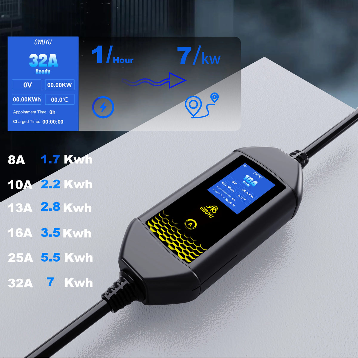 Portable EV Charger 3.5KW AC EV Charging Station Type2 J1772 GBT Portable EV Charging Pile with 2.8 Inch LCD Screen APP Control