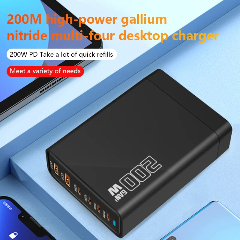 200W Gallium Nitride Multi Port Charging Station - Electronic Devices for Mobile Phones/Tablets Can Be Charged Simultaneously