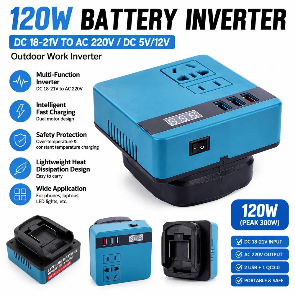 18V 20V To 220V Battery Inverter Dual Plug 120W Smart Transformer Multifunctional Household Outdoor Work Inverter