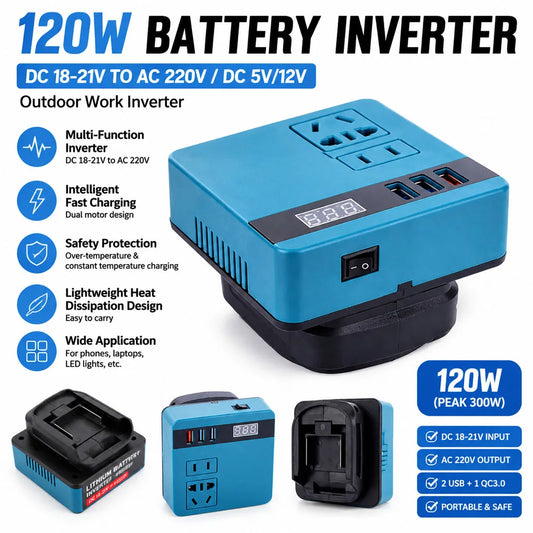 18V 20V To 220V Battery Inverter Dual Plug 120W Smart Transformer Multifunctional Household Outdoor Work Inverter