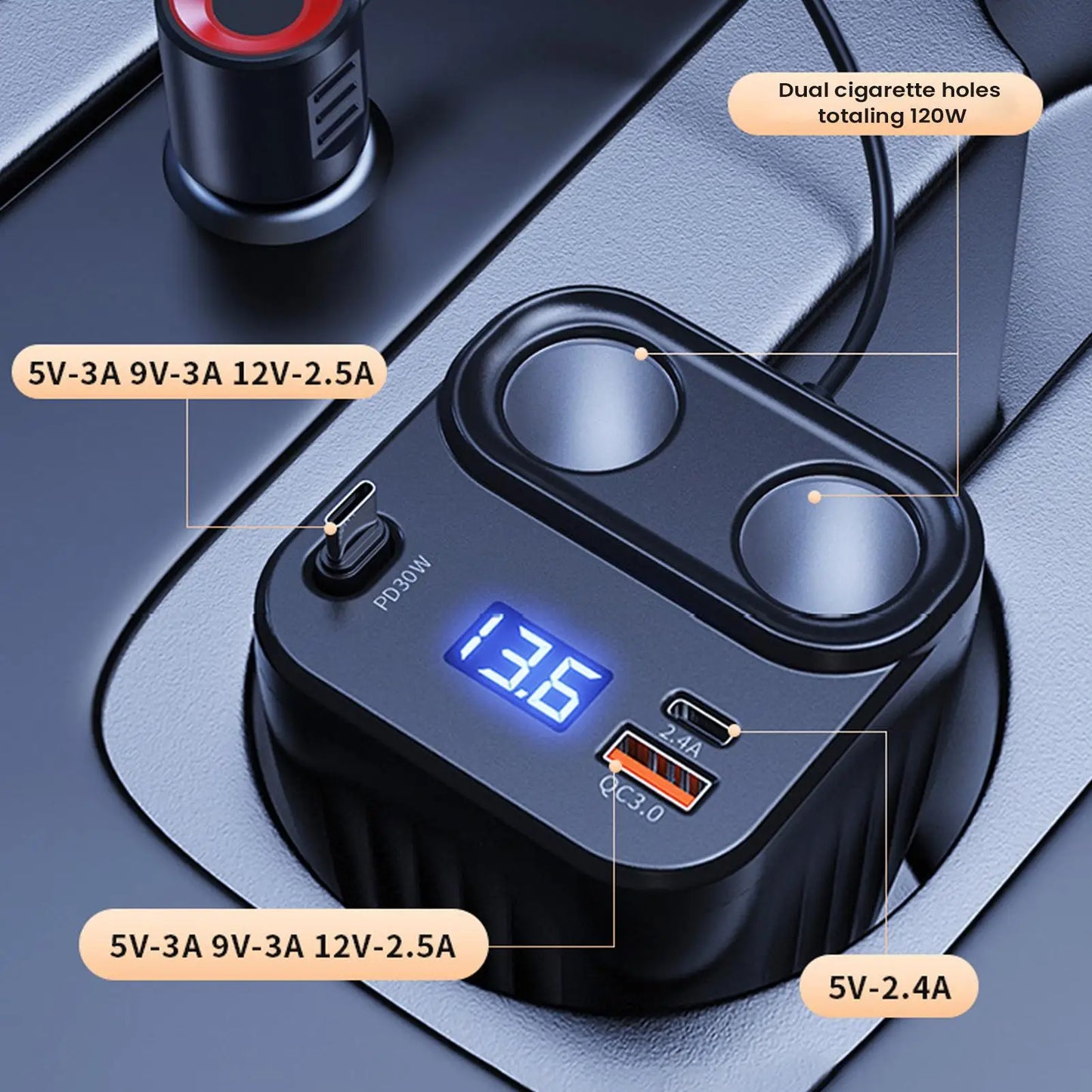 Car Chargers 60W Retractable Cable Anti-Slip Extension 2 Port Charger For Car For Battery Men Women Cell Phone Auto Truck