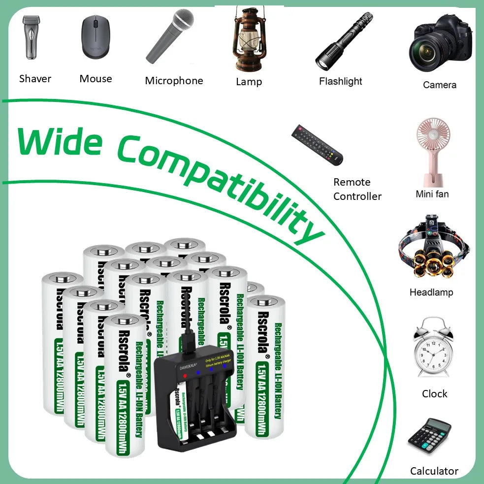 Rechargeable Lithium Battery AA 12800mWh Long-Lasting AA Rechargeable Batteries with Charger for Remote Controller Toys Doorbell
