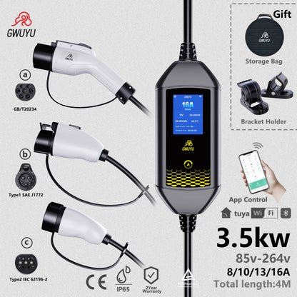Portable EV Charger 3.5KW AC EV Charging Station Type2 J1772 GBT Portable EV Charging Pile with 2.8 Inch LCD Screen APP Control