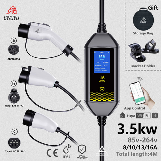 Portable EV Charger 3.5KW AC EV Charging Station Type2 J1772 GBT Portable EV Charging Pile with 2.8 Inch LCD Screen APP Control