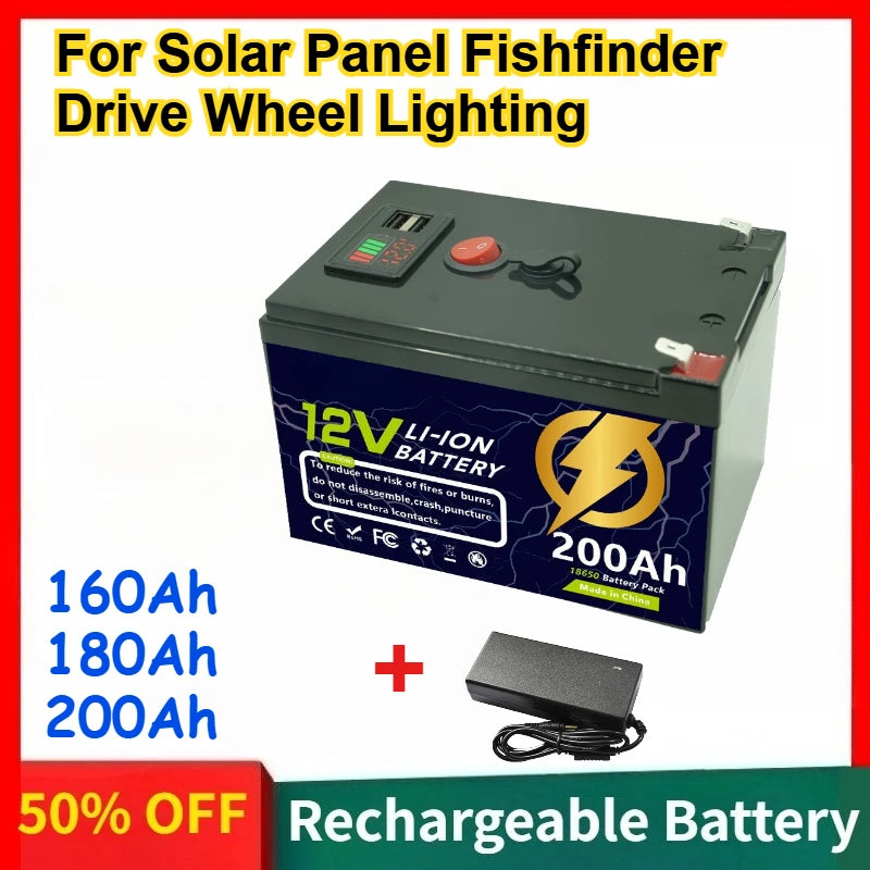 12.6V 160Ah 180Ah 200Ah Large Capacity Lithium Battery for Solar Panel Fishfinder Drive Wheel Lighting Rechargeable Batteries