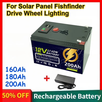 12.6V 160Ah 180Ah 200Ah Large Capacity Lithium Battery for Solar Panel Fishfinder Drive Wheel Lighting Rechargeable Batteries
