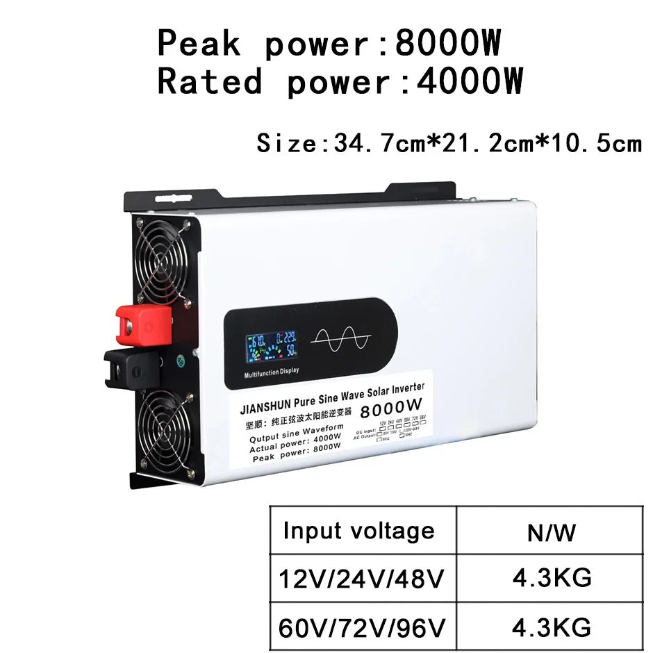5000W 6KW 8KW 10KW 12000W Pure Sine Wave Inverter 12V/24V/48V/60V/72V/96V Power Inverter 110V 220V Solar Car Inverter Converter