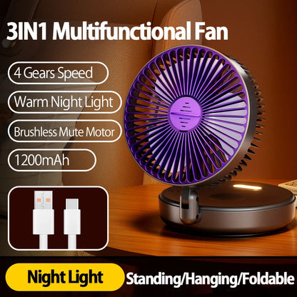 Rechargeable 3-in-1 Foldable Fan, 4-Speed, Warm Nightlight, Wall/Desk Mount, 90° Fold for Home/Office