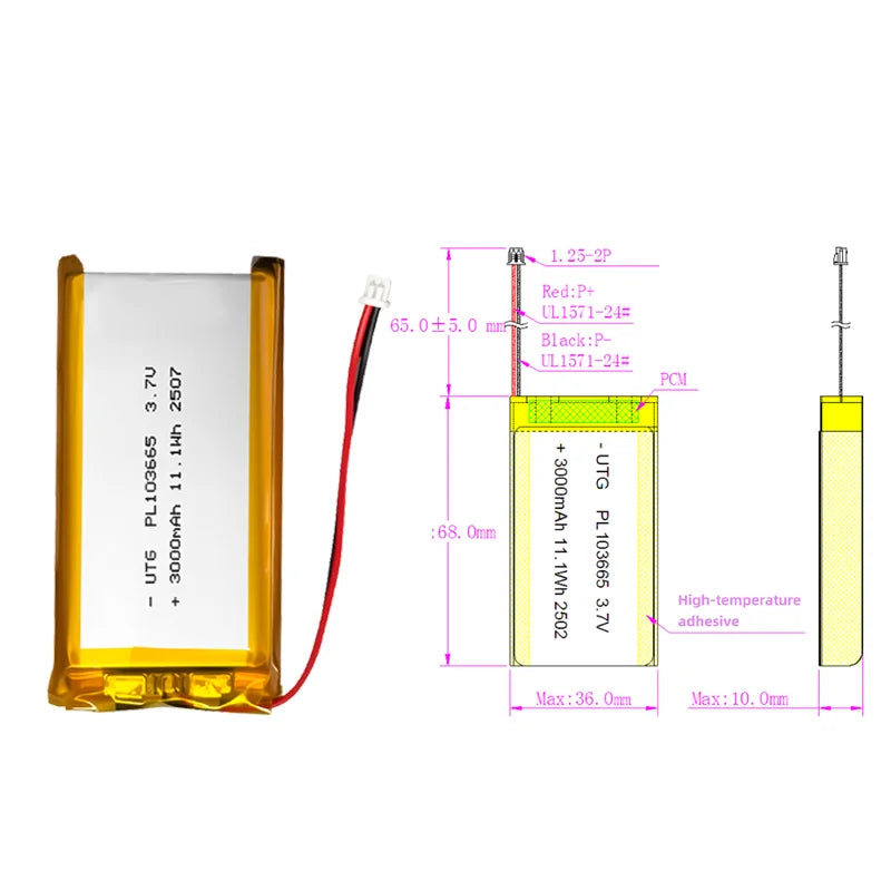 3.7V Lipo Battery 3000Mah PL103665 Lithium Polymer Batteries for T114 V2 LoRa 32 V3 Dev-board LoRa LED Light Driving Recorder