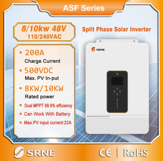 SRNE Hybrid Solar Inverter 8/10KW Max PV 500V 48V To 110/240VAC Suppor Split-phase/single-phase Dual MPPT Max 22A Charge Current