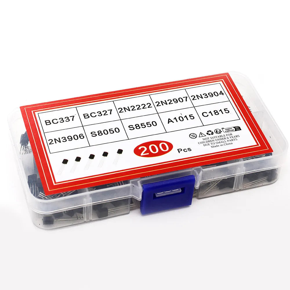 200Pcs Transistor Kit  2N2222 2N2907 2N3904 2N3906 BC327 BC337 S8050 S8550 A1015 C1815 PNP/NPN 10 Values TO-92 Transistors Set
