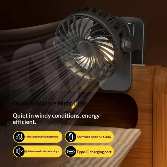 Rechargeable Portable Mini Electric Fan720 °Rotating Hanging Clip Fan Night Light Air Cooler Outdoor Camping Small FanVentilador