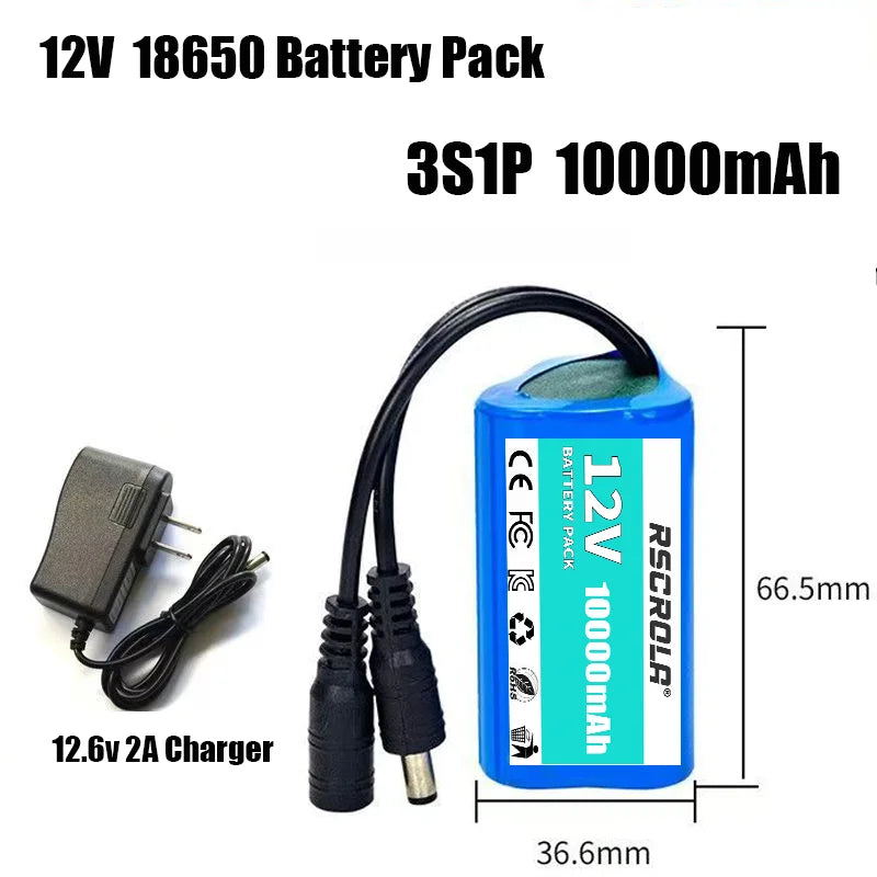 Rechargeable 12V 18650 Lithium Battery Pack with BMS, for Solar, LED Light, RC Model, Power Supply, Long Cycle Life with Charger