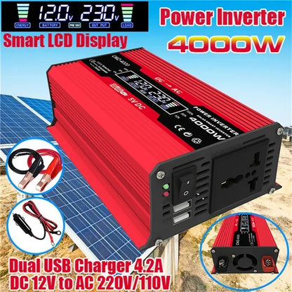 4000W LCD Display Solar Power Inverter 12V to 110V/220V USB Modified Sine Wave Voltage Transformer Car Adapter Charge Converter
