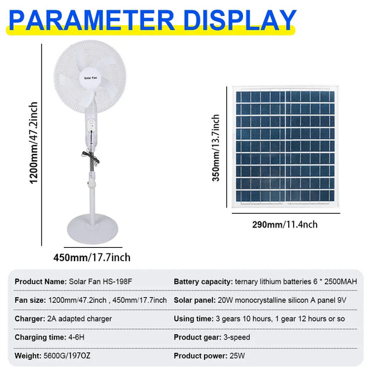 Solar Floor Fan Rechargeable Fan 25W Panel 5H Charges 12H Runtime Remote Control & LED Display Emergency Fan for Power Outage