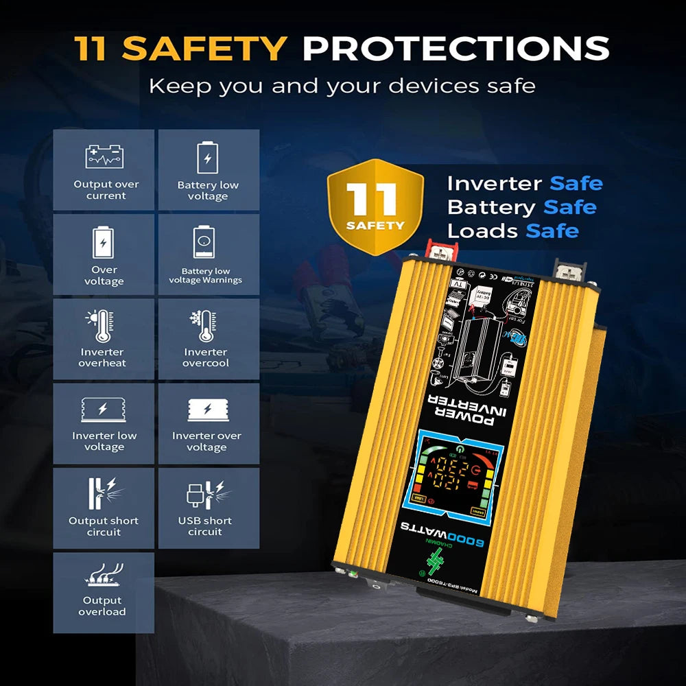 6000W Inverter DC 12V To AC 110V / 220V Vehicle Solar Power Inverter with Dual USB Digital Display for RVs and Small Appliances