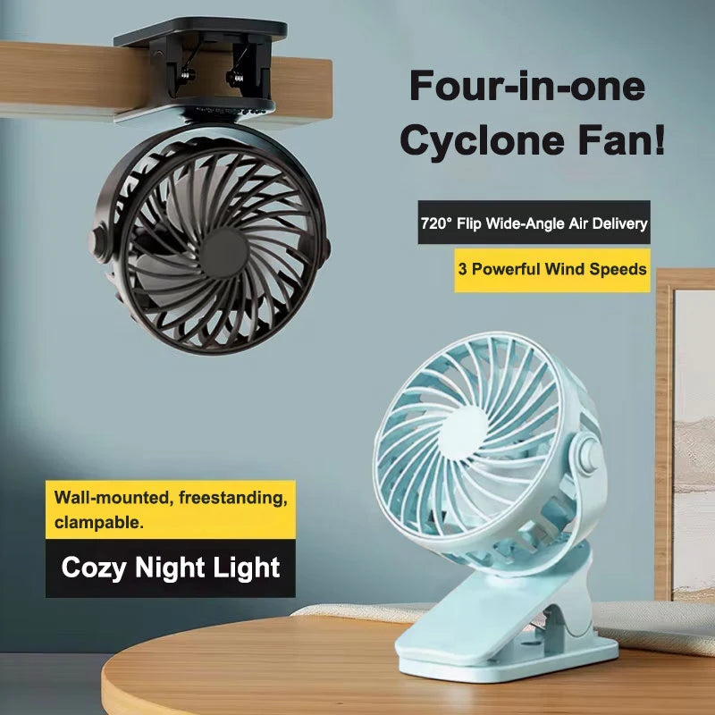 Rechargeable Portable Mini Electric Fan720 °Rotating Hanging Clip Fan Night Light Air Cooler Outdoor Camping Small FanVentilador