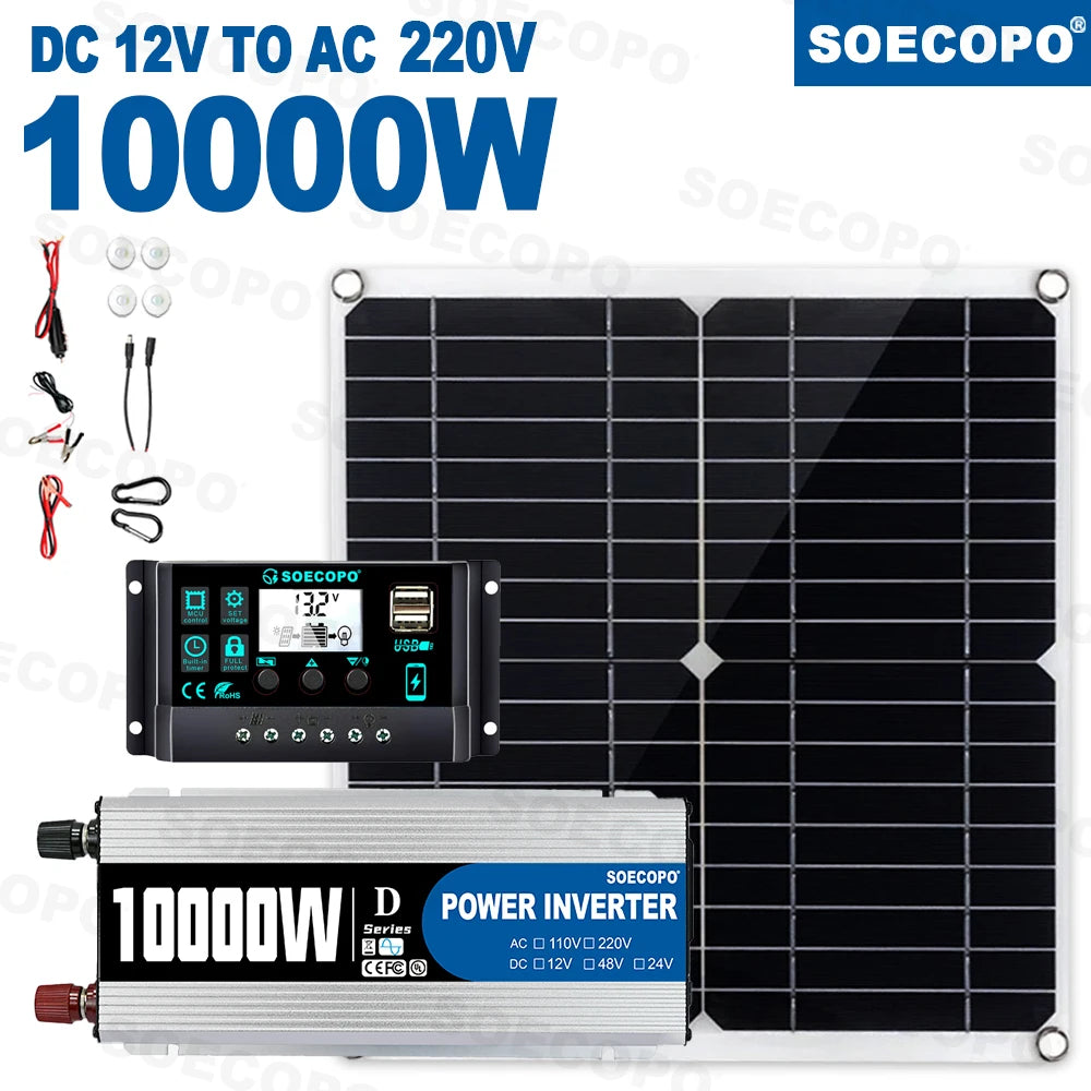 10000W Solar Power Complete Kit 12V To 220V Inverter100A Controller 300W Panel System for Home/RV/Camping  Full House Generator