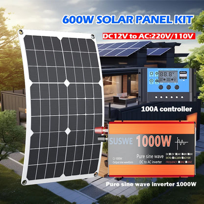 Solar System Kit 1000W 12V to AC 220V/110V Inverter+600W Solar Panel+100A Controller, Suitable for Charging RVs, Cars, Laptops