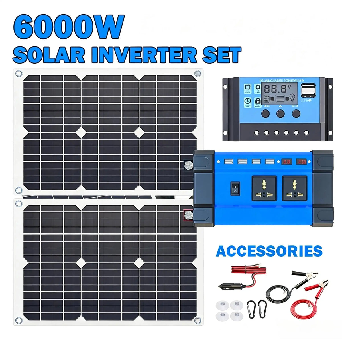 6000W Complete Solar Power System Kit | 2x300W Solar Panel + 12V To 220V Inverter + 30A Controller, Off-Grid Generator for Home