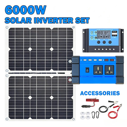 6000W Complete Solar Power System Kit | 2x300W Solar Panel + 12V To 220V Inverter + 30A Controller, Off-Grid Generator for Home