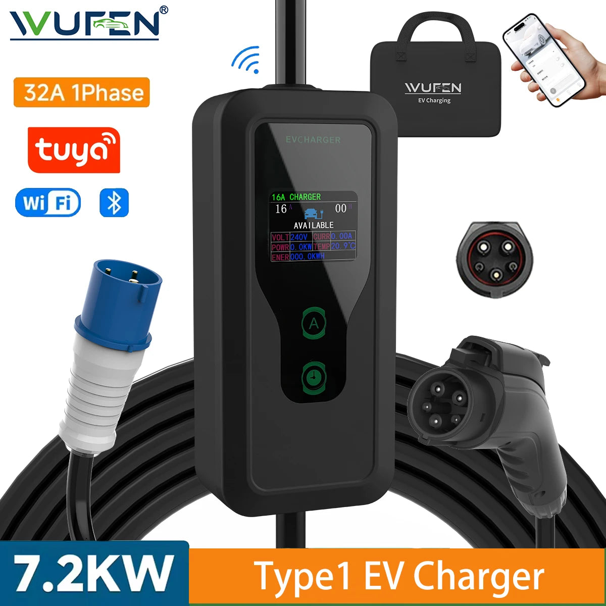WUFEN GBT/Type1/Type2/NACS Portable EV Charger 250V 7KW 32A 1P Wall mounted EVSE Fast Charging Cable CEE Plug Tuya APP Control