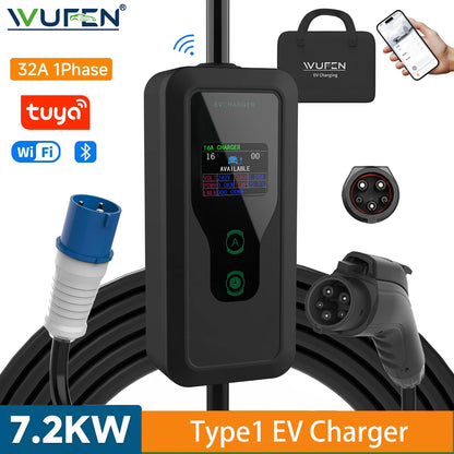 WUFEN GBT/Type1/Type2/NACS Portable EV Charger 250V 7KW 32A 1P Wall mounted EVSE Fast Charging Cable CEE Plug Tuya APP Control