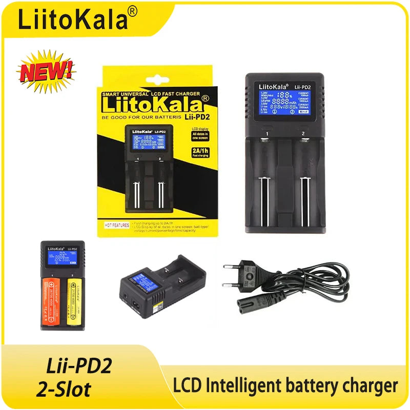 LiitoKala Batterie Lithium 3.7V Batter Charger Lii-PD2 Lii-PD4 LCD For 21700 20700 18650 18350 26650 22650 14500