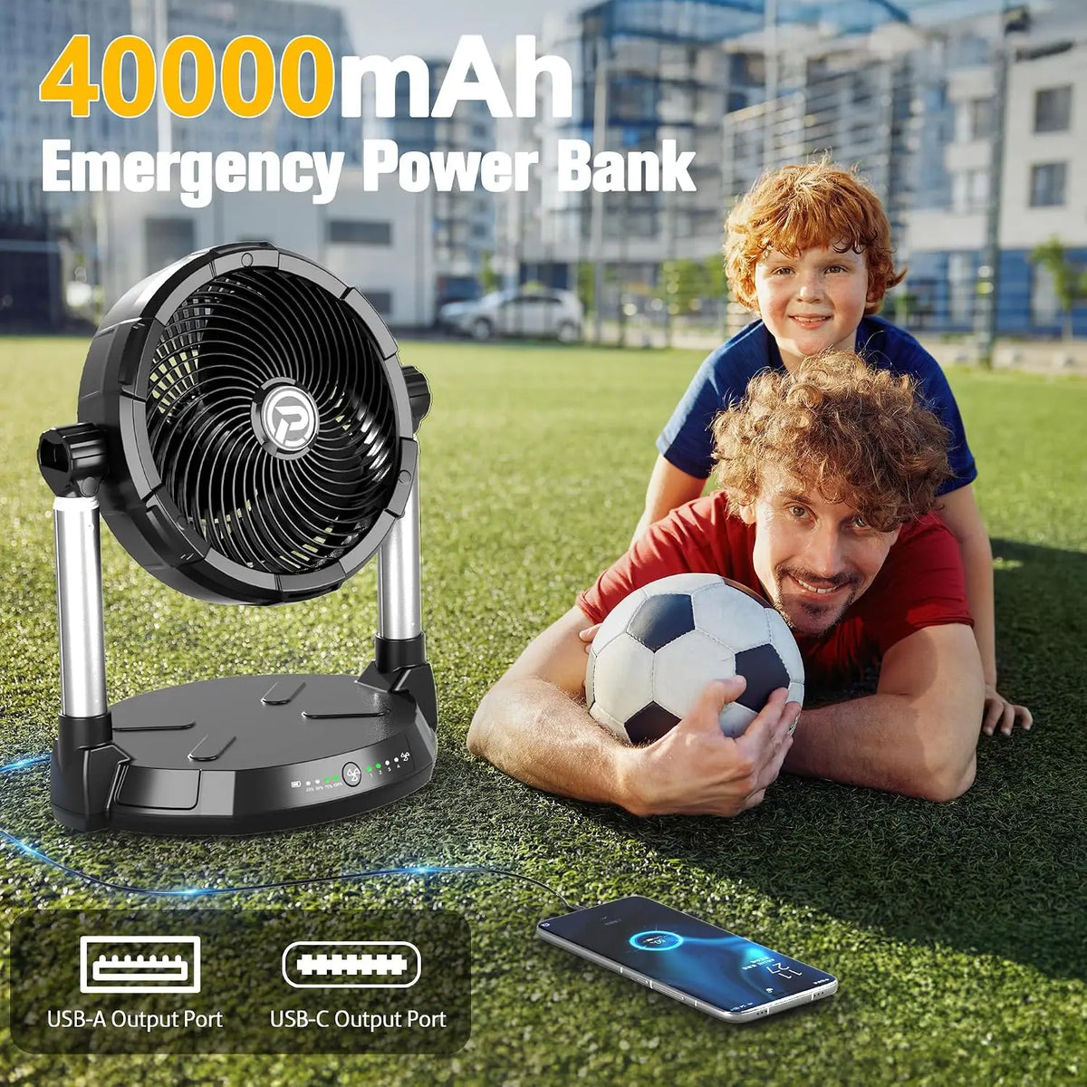 40000mAh Battery Operated Fan 12 Inch Rechargeable Floor Fan 4 Speeds 65Hrs Cooling 34.6 Height Adjustable 12V Output Cordless F
