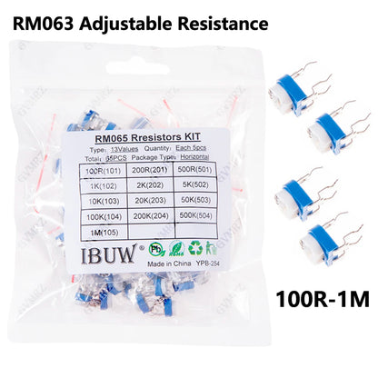 65PCS Trimmer Potentiometer RM063 Adjustable Resistance 100R~1M Potentiometers 1K 5K 10K 20K 50K  Variable Resistors 100K 1M