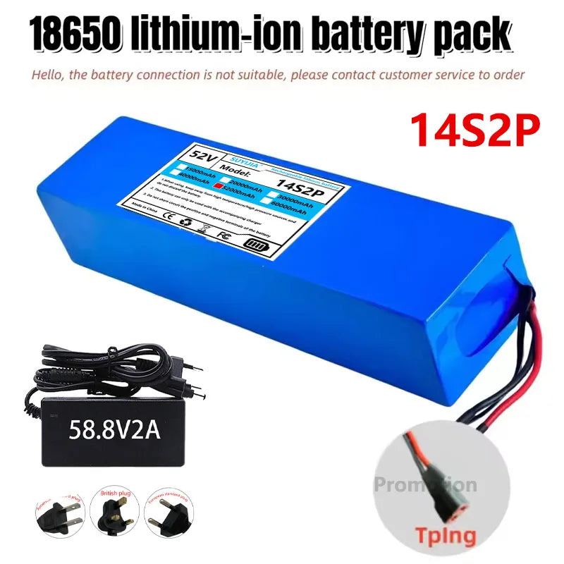 Batterie Li-ion 52V 5200mAH Avec BMS, 14S2P, Batterie 1500W Intégrée Pour Vélos, Scooters, Motos + Chargeur 58,8V2A