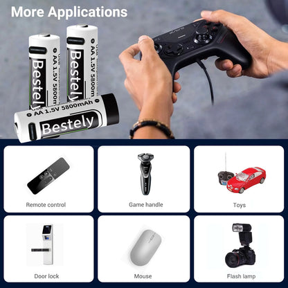 New 1.5V AA 5800mAh Rechargeable Batteries/ Li-ion Battery Long-Lasting/High Capacity Lithium Akku/2000 Cycles with USB-C Cables