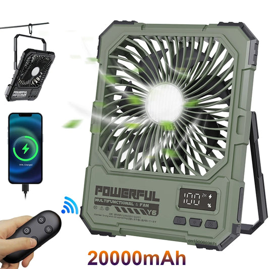 Desktop Fan 20000mAh Rechargerable Portable Foldable Table Fan Camping Hang Ceiling Fan Air Circulator with Light Remote Control