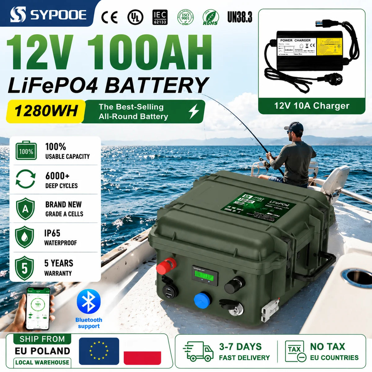 12V 100Ah LiFePO4 Battery 50Ah 150Ah 200Ah Lithium Waterproof Bluetooth Smart BMS 6000 Cycles Solar RV Marine Camping Outdoor