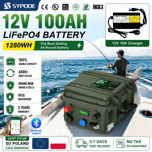 12V 100Ah LiFePO4 Battery 50Ah 150Ah 200Ah Lithium Waterproof Bluetooth Smart BMS 6000 Cycles Solar RV Marine Camping Outdoor