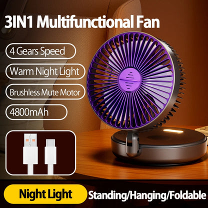 Rechargeable 3-in-1 Foldable Fan, 4-Speed, Warm Nightlight, Wall/Desk Mount, 90° Fold for Home/Office