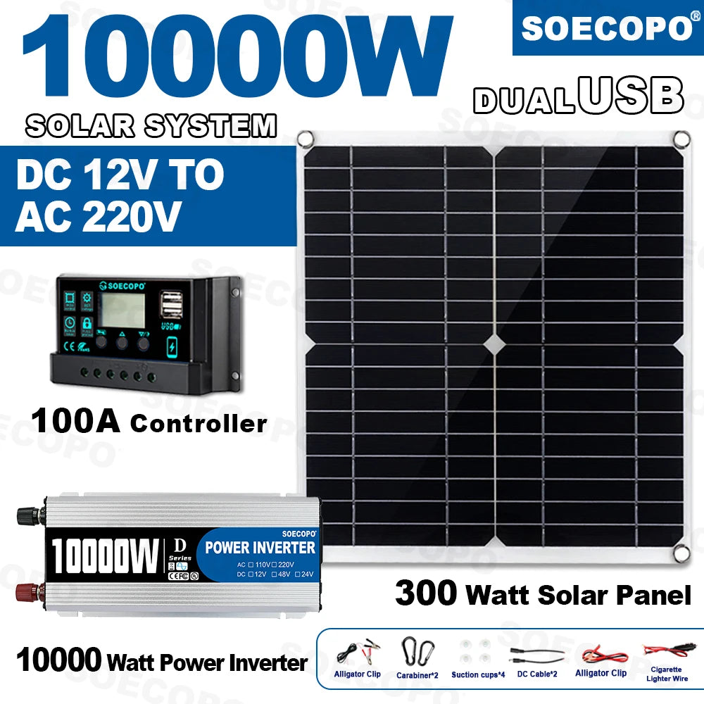 10000W Solar Power Complete Kit 12V To 220V Inverter100A Controller 300W Panel System for Home/RV/Camping  Full House Generator